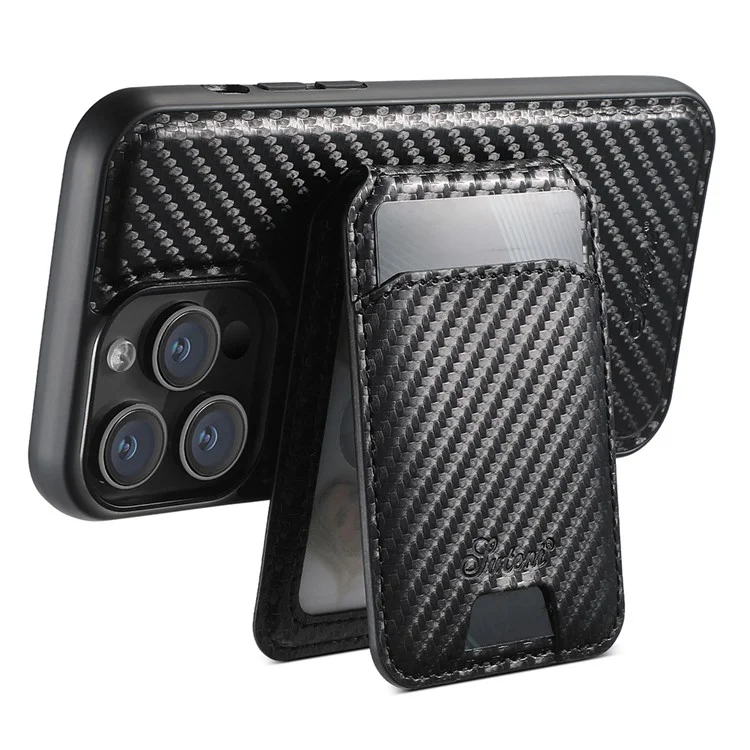 Étui magnétique SUTENI H18 pour iPhone 12 Pro Max avec texture en fibre de carbone, en cuir et en TPU, avec pochette amovible pour cartes.