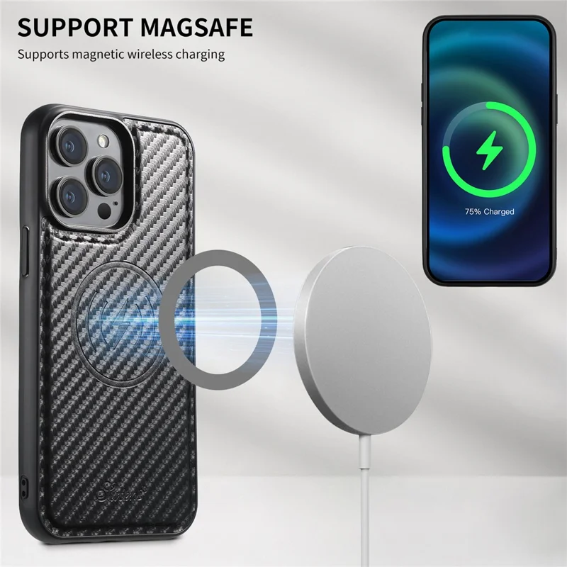 Étui magnétique SUTENI H18 pour iPhone 13 Pro en texture fibre de carbone, en cuir et TPU avec sac à cartes amovible