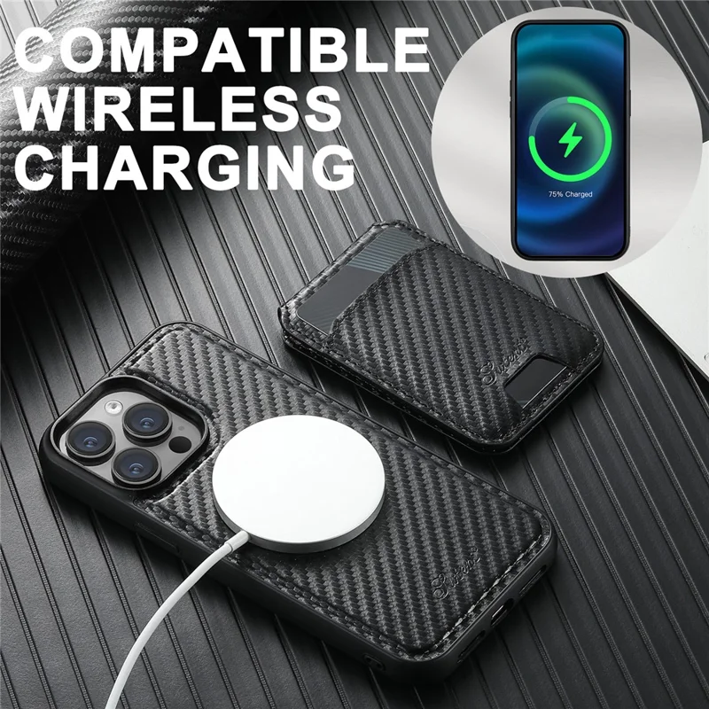 SUTENI H18 For iPhone 15 Pro Magnetic Case Carbon Fiber Texture Leather+TPU Cover with Detachable Card Bag