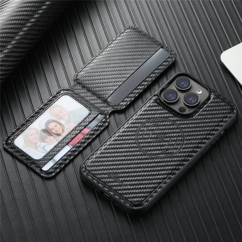 SUTENI H18 For iPhone 15 Pro Magnetic Case Carbon Fiber Texture Leather+TPU Cover with Detachable Card Bag