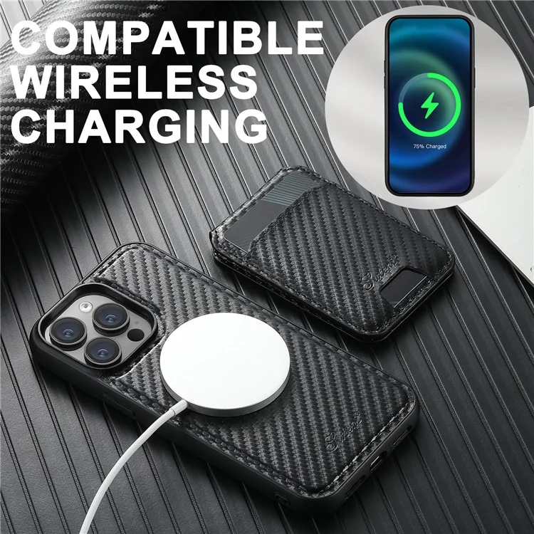 SUTENI H18 For iPhone 14 Pro Max Magnetic Case Carbon Fiber Texture Leather+TPU Cover with Detachable Card Bag