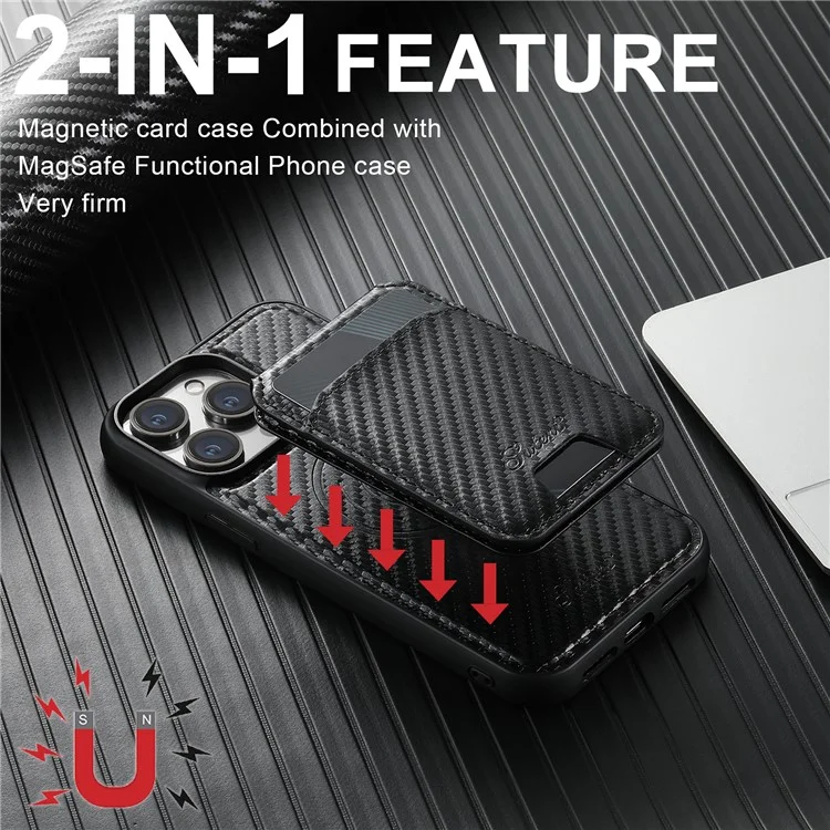 SUTENI H18 For iPhone 14 Pro Max Magnetic Case Carbon Fiber Texture Leather+TPU Cover with Detachable Card Bag