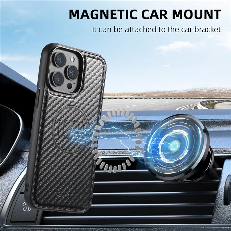 SUTENI H18 For iPhone 14 Pro Max Magnetic Case Carbon Fiber Texture Leather+TPU Cover with Detachable Card Bag