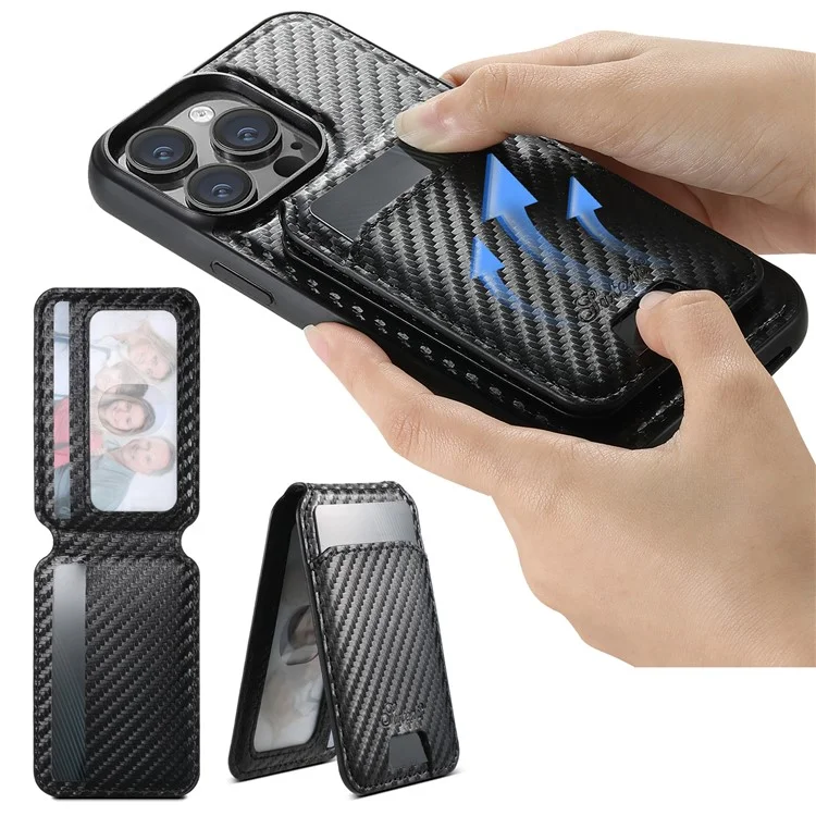 SUTENI H18 For iPhone 14 Pro Max Magnetic Case Carbon Fiber Texture Leather+TPU Cover with Detachable Card Bag