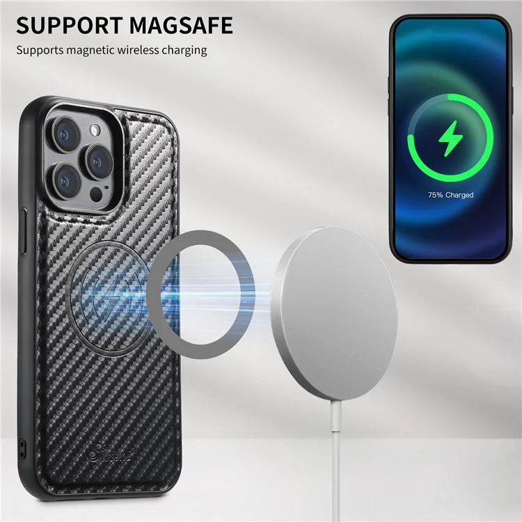 SUTENI H18 For iPhone 14 Pro Max Magnetic Case Carbon Fiber Texture Leather+TPU Cover with Detachable Card Bag