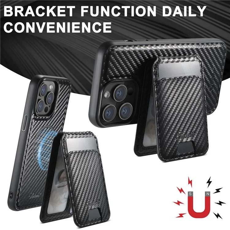 SUTENI H18 For iPhone 14 Pro Max Magnetic Case Carbon Fiber Texture Leather+TPU Cover with Detachable Card Bag