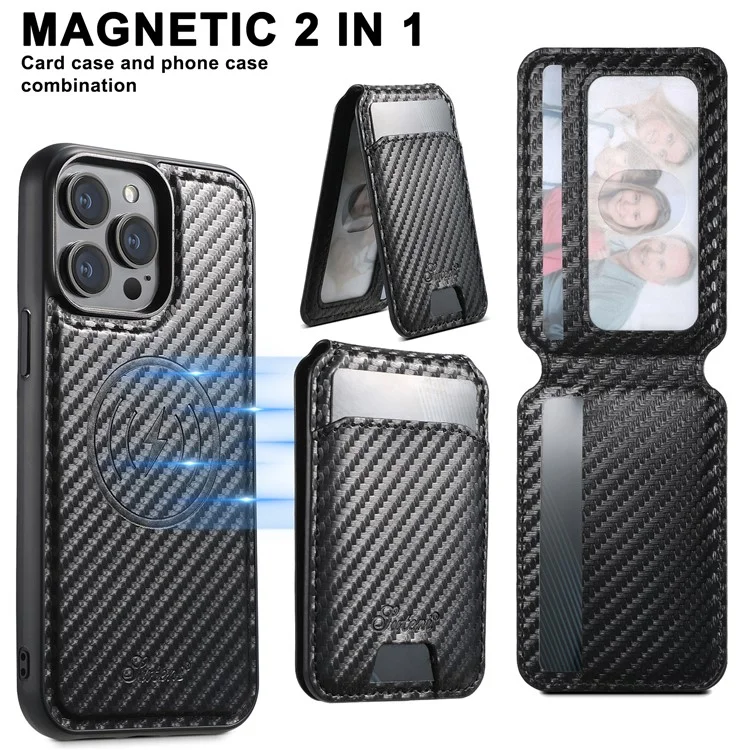 SUTENI H18 For iPhone 14 Pro Max Magnetic Case Carbon Fiber Texture Leather+TPU Cover with Detachable Card Bag