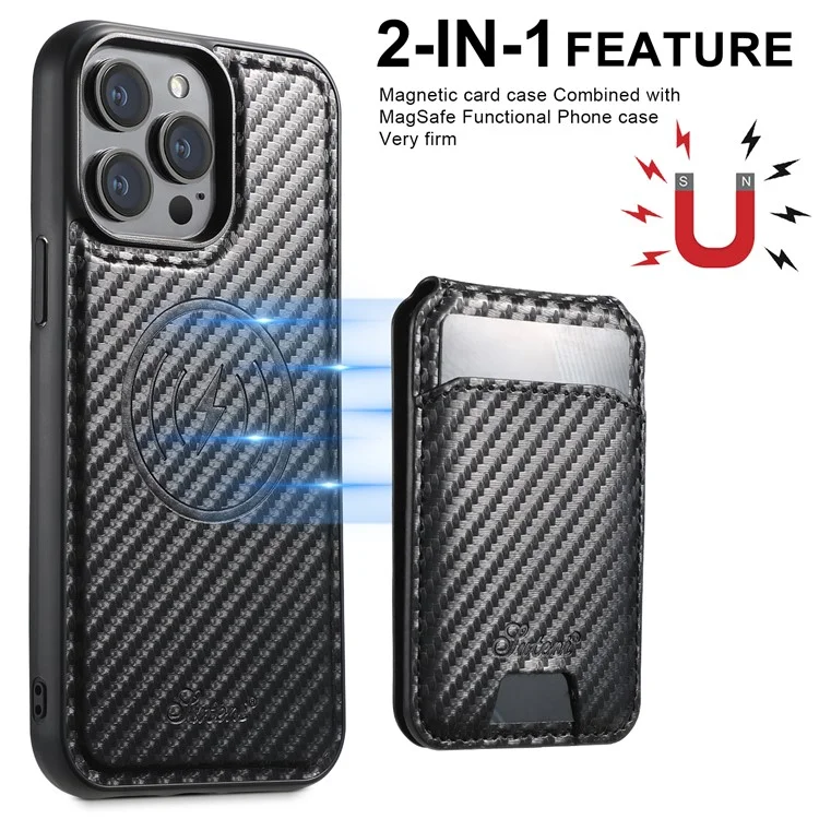 SUTENI H18 For iPhone 14 Pro Max Magnetic Case Carbon Fiber Texture Leather+TPU Cover with Detachable Card Bag