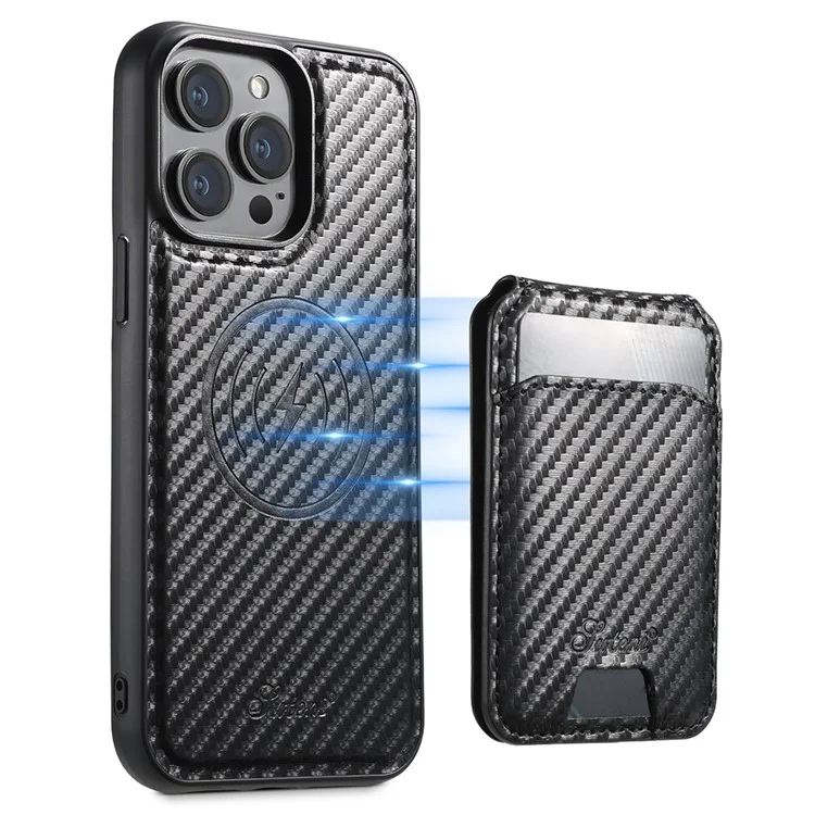 Funda magnética para iPhone 14 Pro SUTENI H18 de textura de fibra de carbono de cuero + TPU con bolsa extraíble para tarjetas