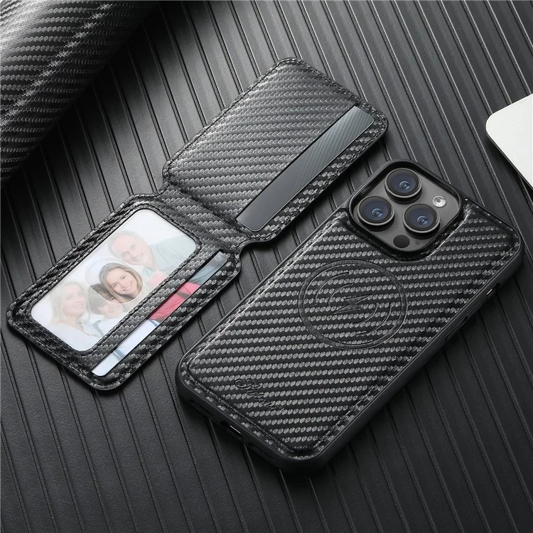 Funda magnética para iPhone 14 Pro SUTENI H18 de textura de fibra de carbono de cuero + TPU con bolsa extraíble para tarjetas