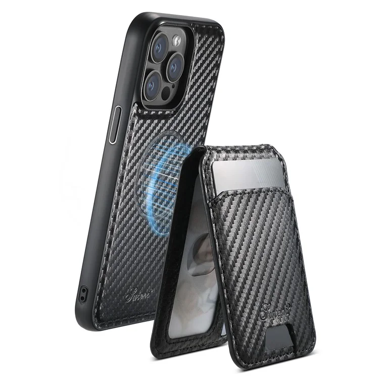 Funda magnética para iPhone 14 Pro SUTENI H18 de textura de fibra de carbono de cuero + TPU con bolsa extraíble para tarjetas