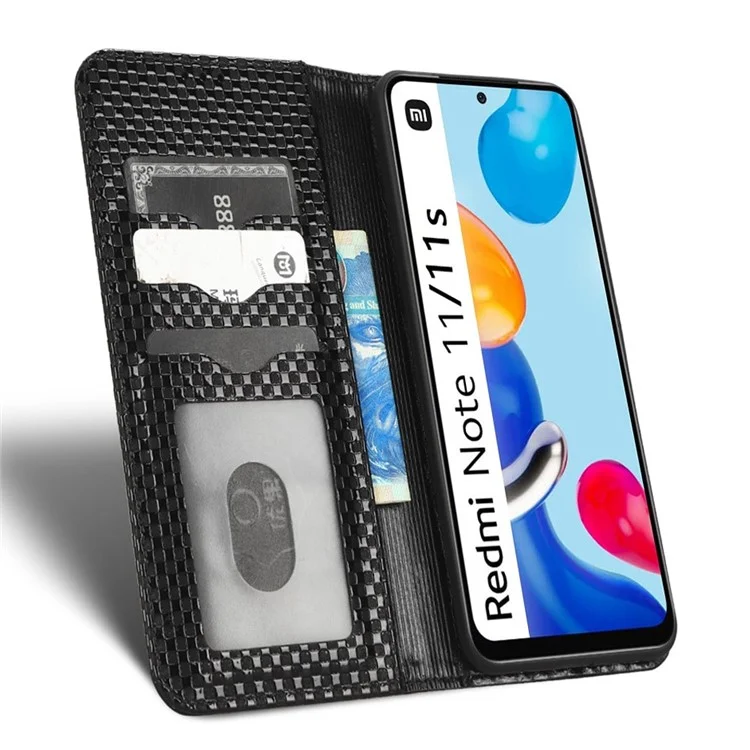 Para Xiaomi Redmi Note 11 4G (Qualcomm) / Nota 11S 4G Grid Textura PU Case de Cuero Cierre Magnética Fuerra de la Billetera Del Teléfono - Negro