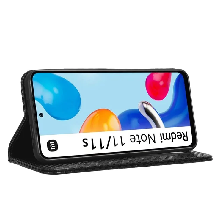 Para Xiaomi Redmi Note 11 4G (Qualcomm) / Nota 11S 4G Grid Textura PU Case de Cuero Cierre Magnética Fuerra de la Billetera Del Teléfono - Negro