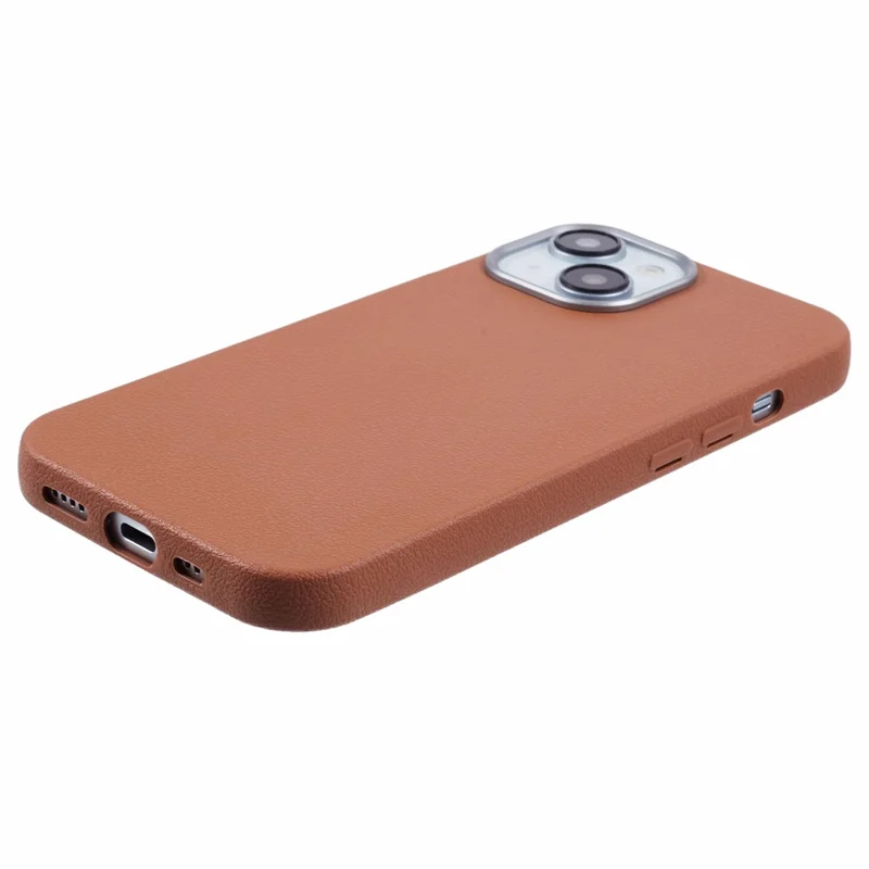 For iPhone 14 Case Electroplating Lens Frame Textured TPU Shockproof Phone Cover - Brown
