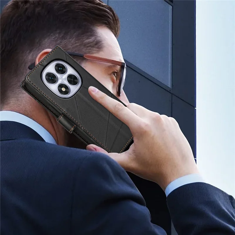 DF-06 Voor Xiaomi Redmi Note 14 Pro 5G / Poco X7 5G Telefoonhoesje met Lijnmotief Lederen Portemonnee Cover - Zwart