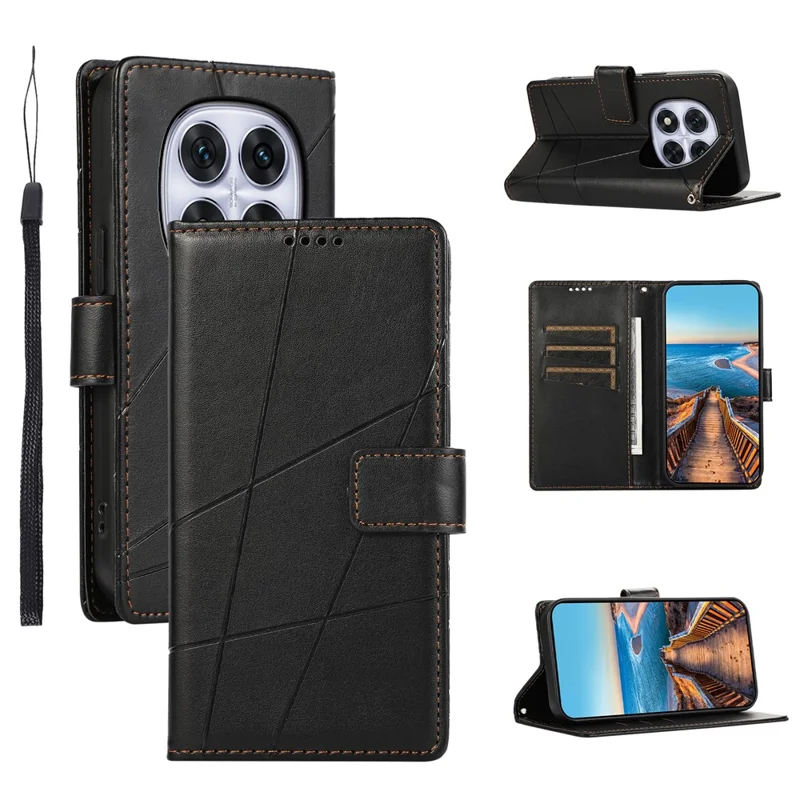 DF-06 Voor Xiaomi Redmi Note 14 Pro 5G / Poco X7 5G Telefoonhoesje met Lijnmotief Lederen Portemonnee Cover - Zwart