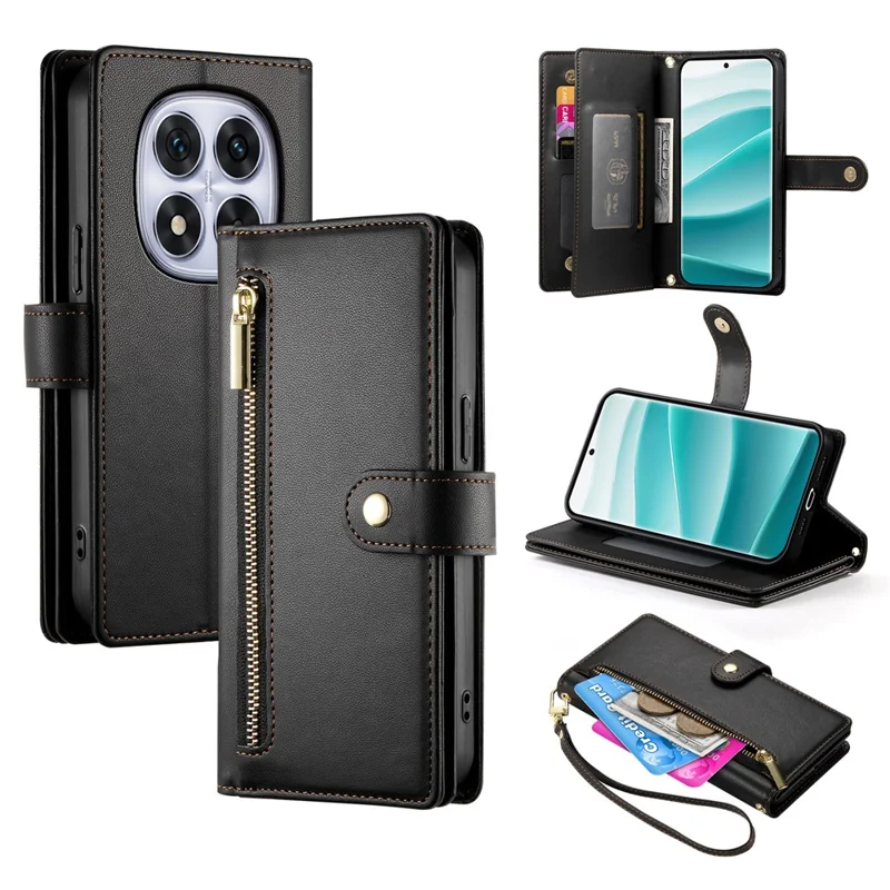 DF-011 For Xiaomi Redmi Note 14 Pro 5G / Poco X7 5G Case Zipper Pocket Wallet Leather Phone Cover with Straps - Black