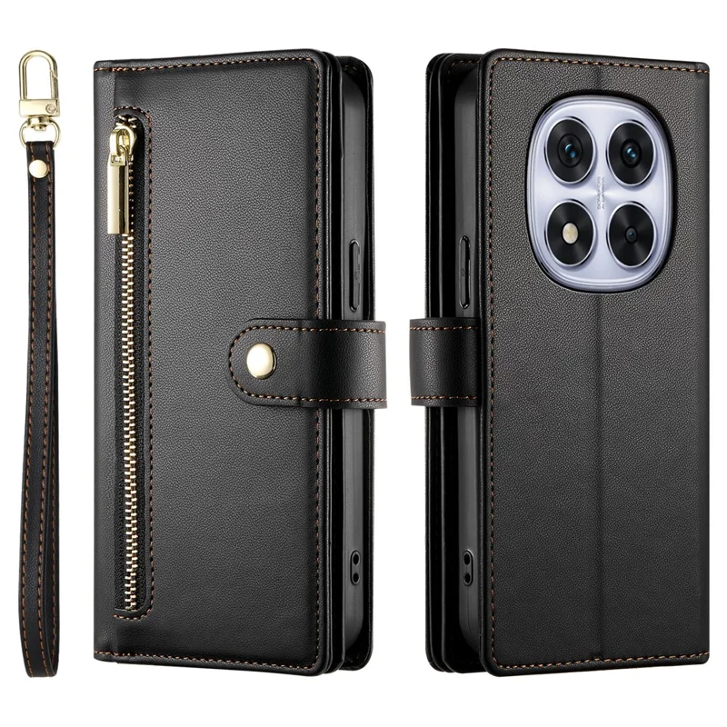 DF-011 For Xiaomi Redmi Note 14 Pro 5G / Poco X7 5G Case Zipper Pocket Wallet Leather Phone Cover with Straps - Black