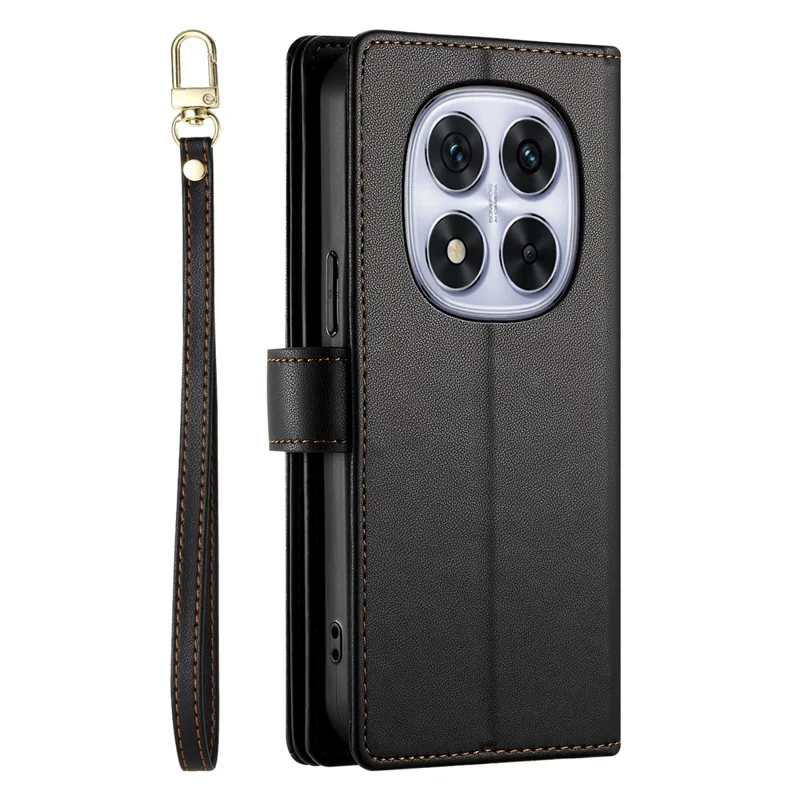 DF-011 For Xiaomi Redmi Note 14 Pro 5G / Poco X7 5G Case Zipper Pocket Wallet Leather Phone Cover with Straps - Black