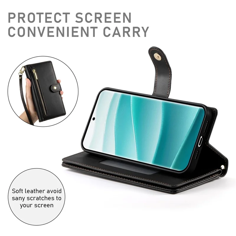 DF-011 For Xiaomi Redmi Note 14 Pro 5G / Poco X7 5G Case Zipper Pocket Wallet Leather Phone Cover with Straps - Black