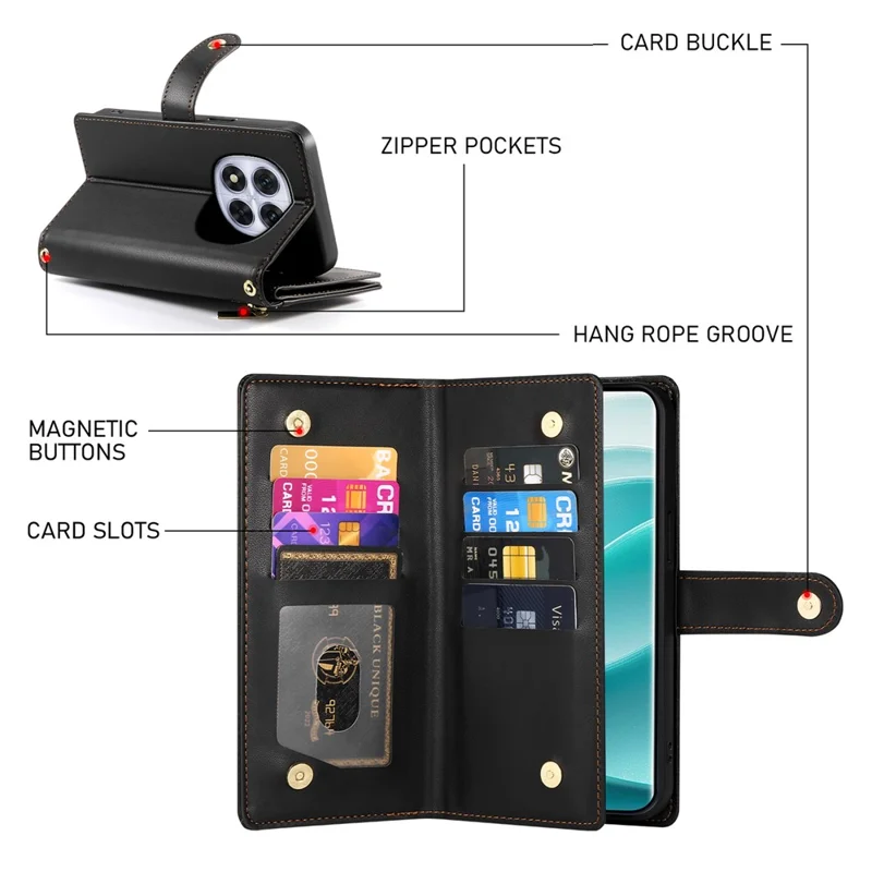 DF-011 For Xiaomi Redmi Note 14 Pro 5G / Poco X7 5G Case Zipper Pocket Wallet Leather Phone Cover with Straps - Black