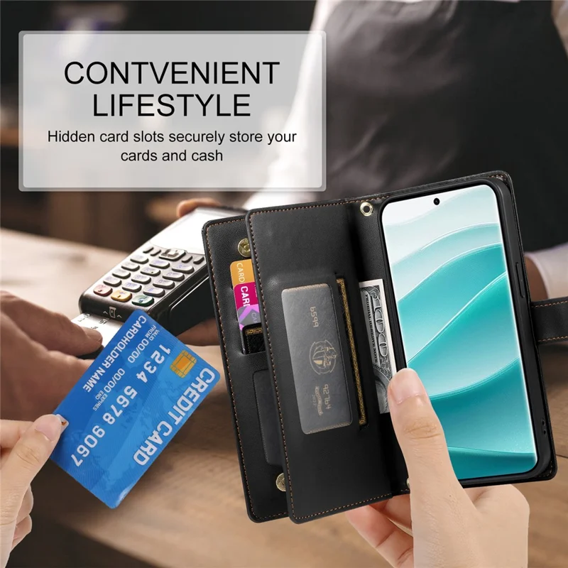 DF-011 For Xiaomi Redmi Note 14 Pro 5G / Poco X7 5G Case Zipper Pocket Wallet Leather Phone Cover with Straps - Black