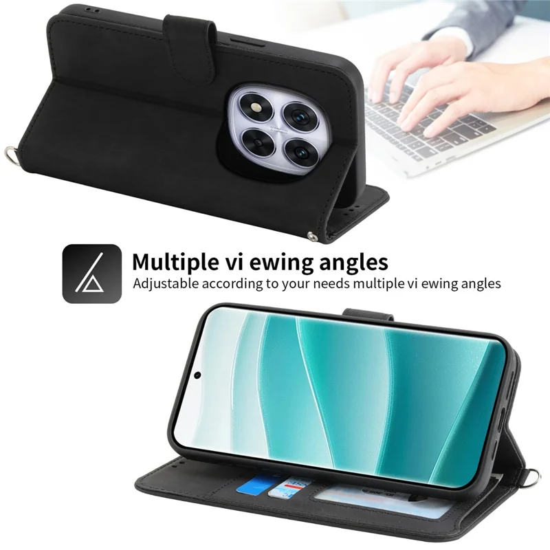 Voor Xiaomi Redmi Note 14 Pro 5G / Poco X7 5G Case met Bloemenpatroon PU Leren Portemonnee Hoes met Bandje - Zwart