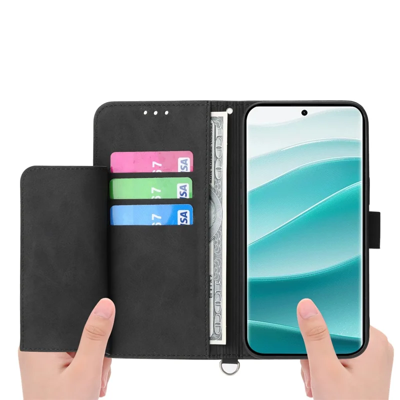 Voor Xiaomi Redmi Note 14 Pro 5G / Poco X7 5G Case met Bloemenpatroon PU Leren Portemonnee Hoes met Bandje - Zwart