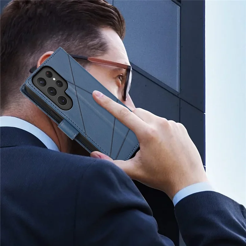DF-06 Til Samsung Galaxy S25 Ultra Telefonbeskyttelse med Linjepræget Læderlomme - Blå