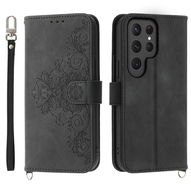 Étui pour Samsung Galaxy S25 Ultra, motif floral, portefeuille en cuir PU avec dragonne - Noir