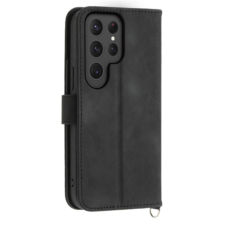 Étui pour Samsung Galaxy S25 Ultra, motif floral, portefeuille en cuir PU avec dragonne - Noir