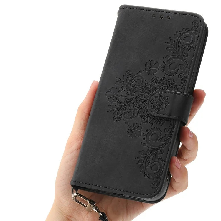Étui pour Samsung Galaxy S25 Ultra, motif floral, portefeuille en cuir PU avec dragonne - Noir