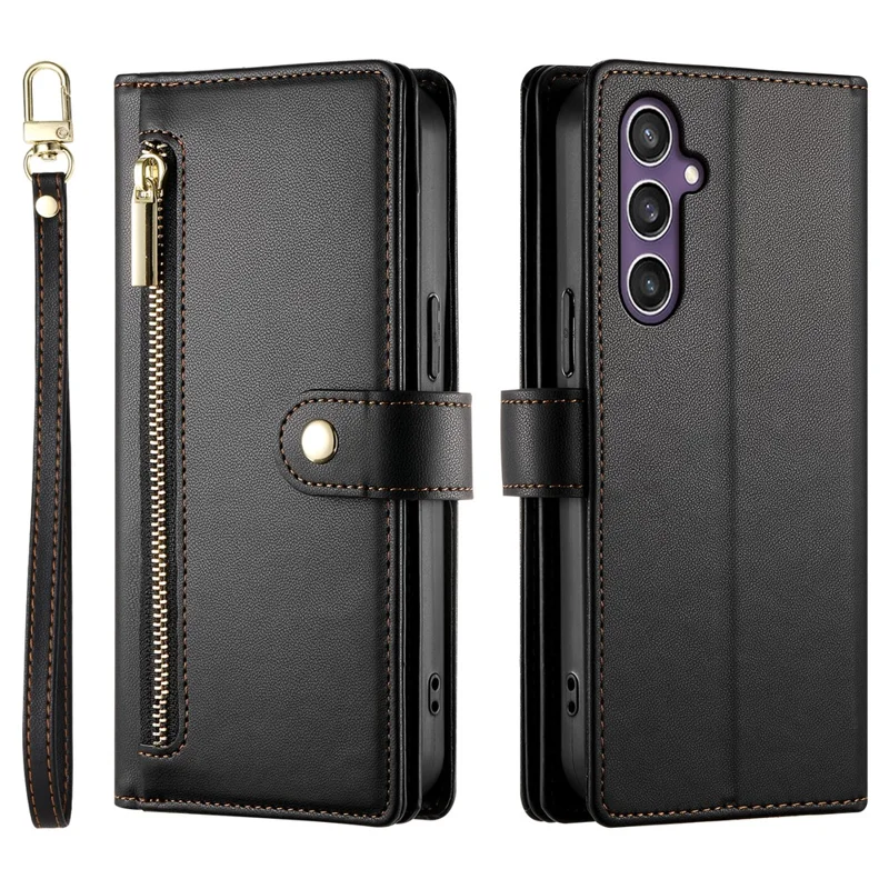 DF-011 For Samsung Galaxy S25 Case Zipper Pocket Wallet Leather Phone Cover with Straps - Black
