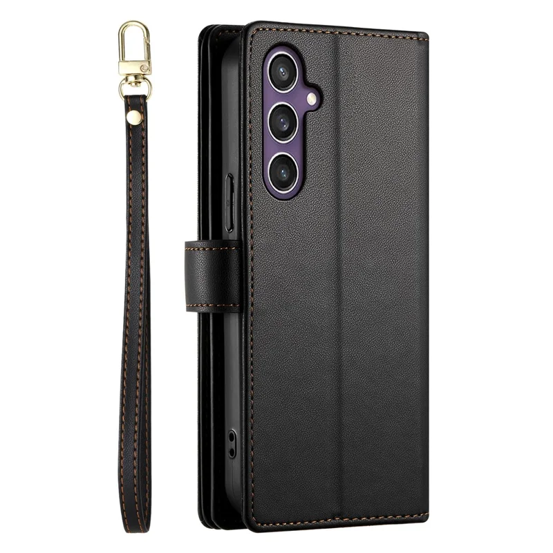 DF-011 For Samsung Galaxy S25 Case Zipper Pocket Wallet Leather Phone Cover with Straps - Black