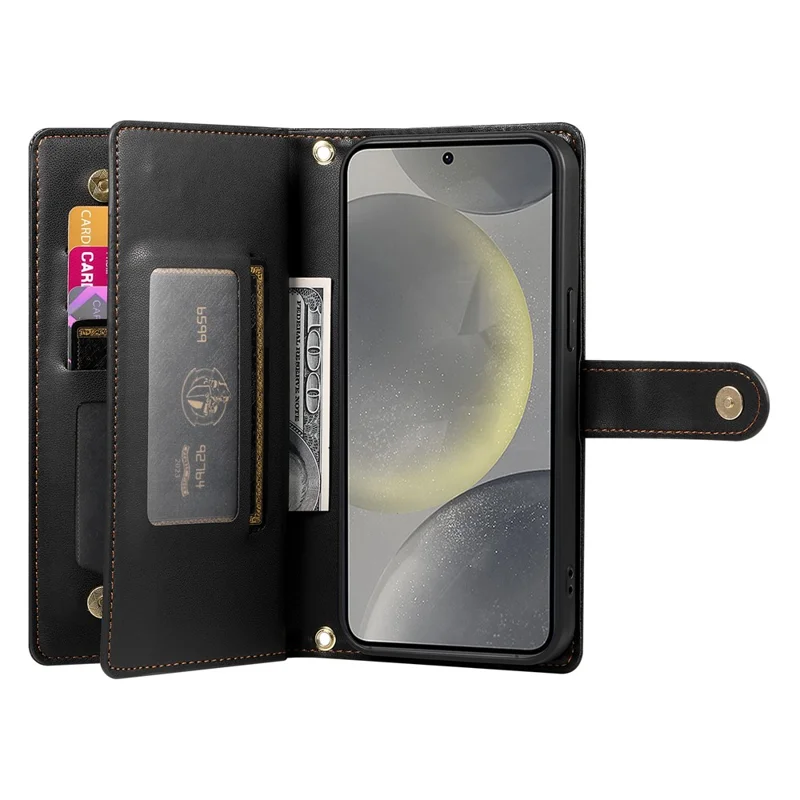 DF-011 For Samsung Galaxy S25 Case Zipper Pocket Wallet Leather Phone Cover with Straps - Black