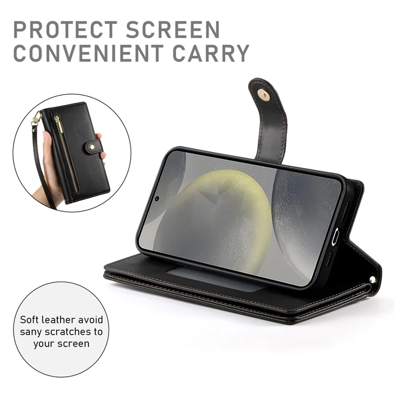 DF-011 For Samsung Galaxy S25 Case Zipper Pocket Wallet Leather Phone Cover with Straps - Black