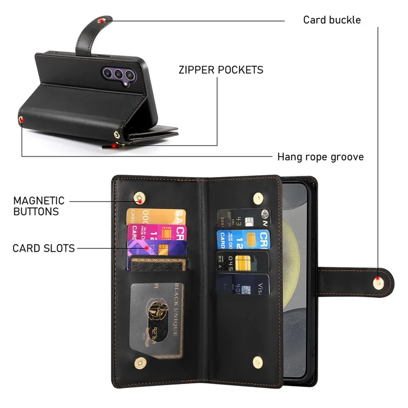 DF-011 For Samsung Galaxy S25 Case Zipper Pocket Wallet Leather Phone Cover with Straps - Black