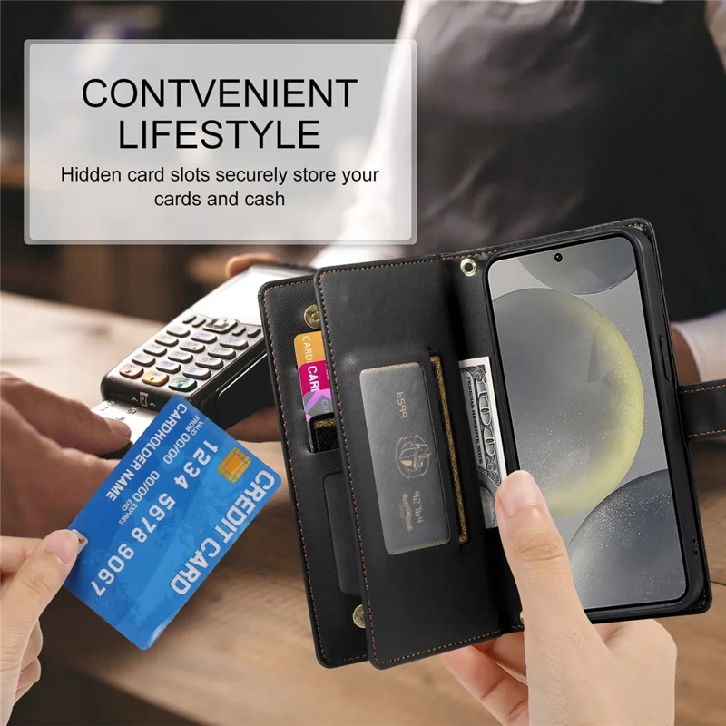 DF-011 For Samsung Galaxy S25 Case Zipper Pocket Wallet Leather Phone Cover with Straps - Black