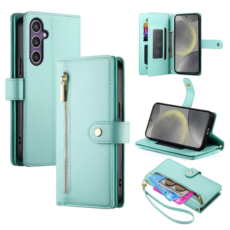 DF-011 For Samsung Galaxy S25 Case Zipper Pocket Wallet Leather Phone Cover with Straps - Mint Green