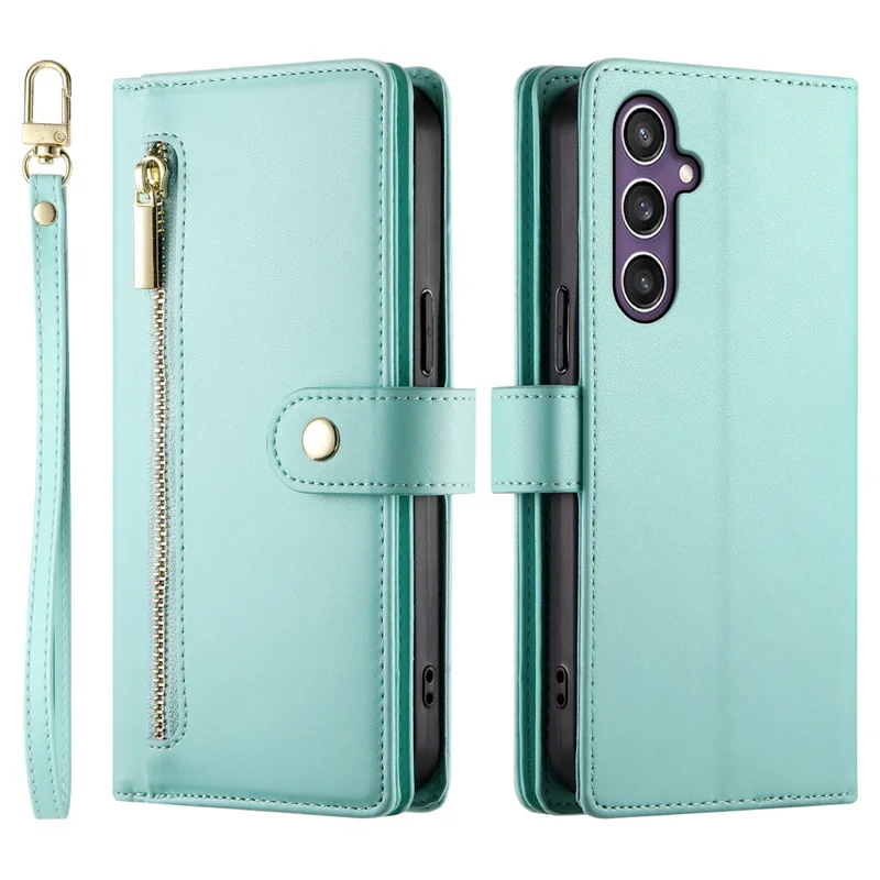 DF-011 For Samsung Galaxy S25 Case Zipper Pocket Wallet Leather Phone Cover with Straps - Mint Green