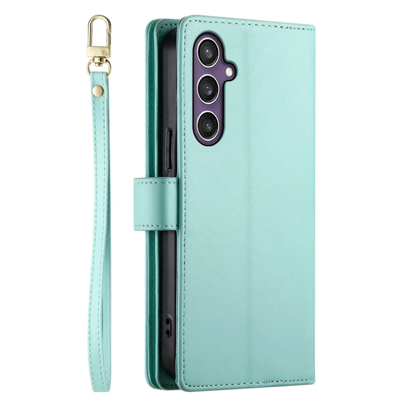 DF-011 For Samsung Galaxy S25 Case Zipper Pocket Wallet Leather Phone Cover with Straps - Mint Green
