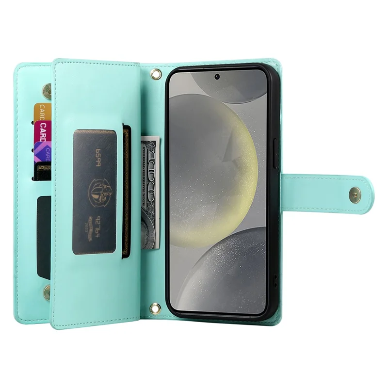 DF-011 For Samsung Galaxy S25 Case Zipper Pocket Wallet Leather Phone Cover with Straps - Mint Green