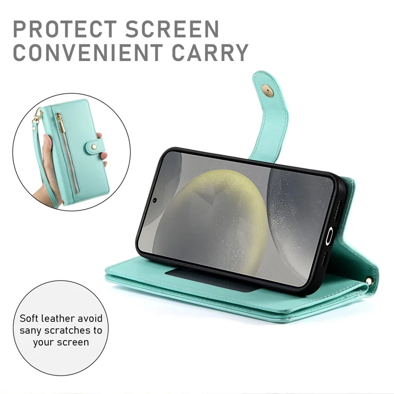 DF-011 For Samsung Galaxy S25 Case Zipper Pocket Wallet Leather Phone Cover with Straps - Mint Green