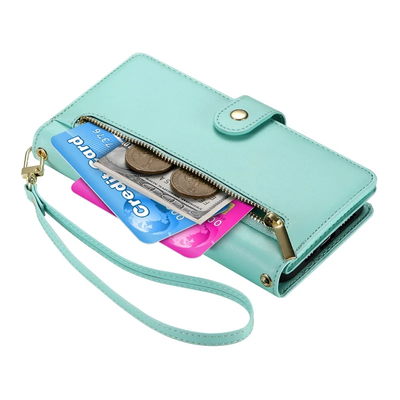 DF-011 For Samsung Galaxy S25 Case Zipper Pocket Wallet Leather Phone Cover with Straps - Mint Green