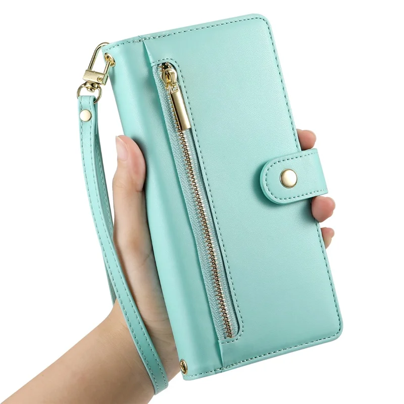 DF-011 For Samsung Galaxy S25 Case Zipper Pocket Wallet Leather Phone Cover with Straps - Mint Green
