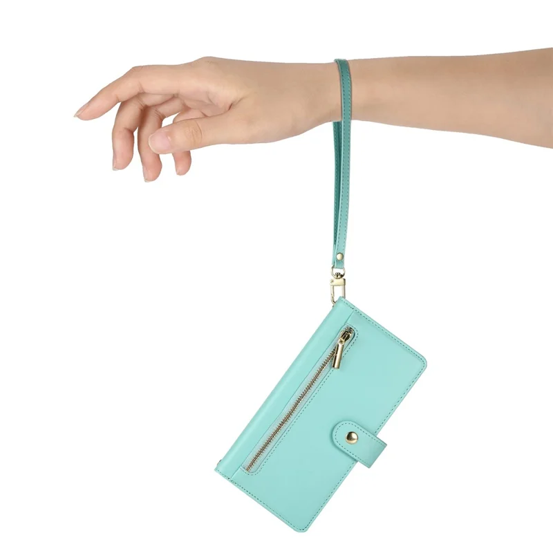 DF-011 For Samsung Galaxy S25 Case Zipper Pocket Wallet Leather Phone Cover with Straps - Mint Green