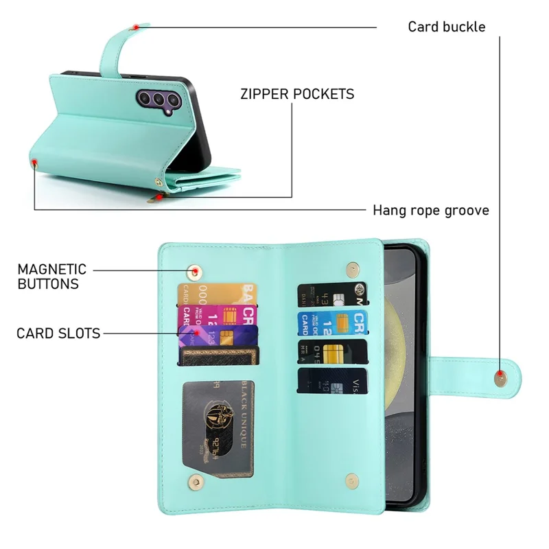 DF-011 For Samsung Galaxy S25 Case Zipper Pocket Wallet Leather Phone Cover with Straps - Mint Green
