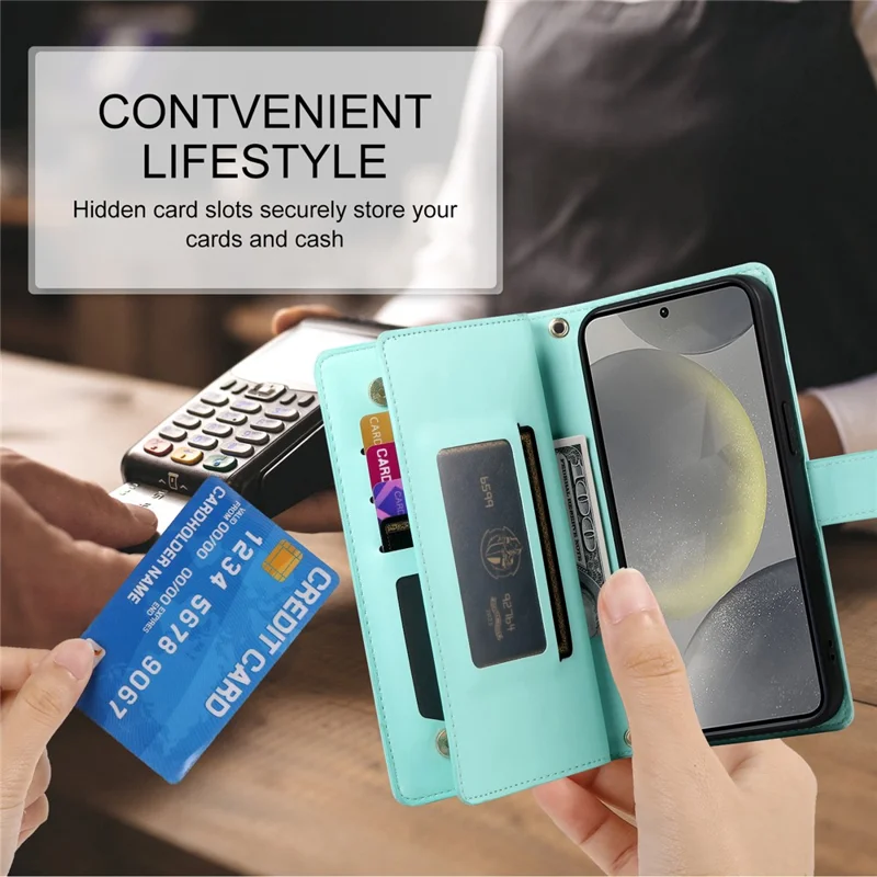 DF-011 For Samsung Galaxy S25 Case Zipper Pocket Wallet Leather Phone Cover with Straps - Mint Green