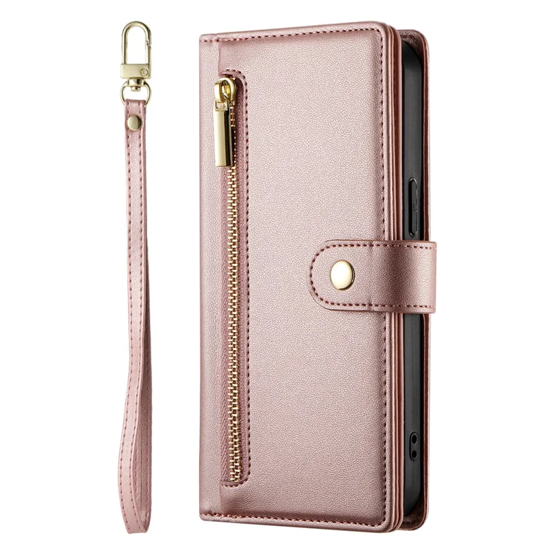 Étui pour Samsung Galaxy S25+ DF-011 avec poche zippée, portefeuille en cuir et sangles - Rose