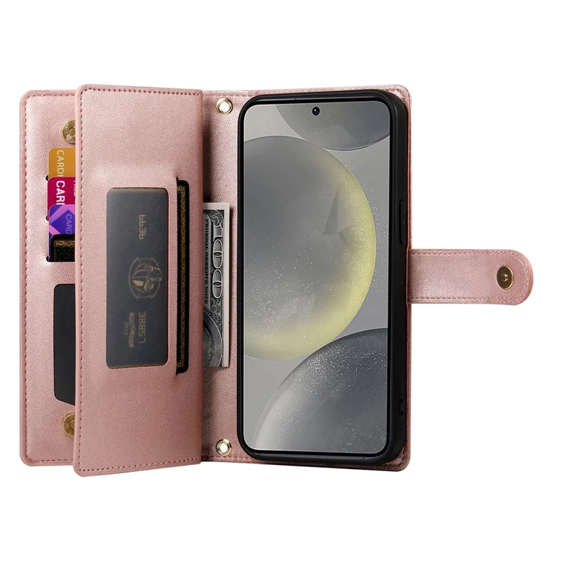 Étui pour Samsung Galaxy S25+ DF-011 avec poche zippée, portefeuille en cuir et sangles - Rose